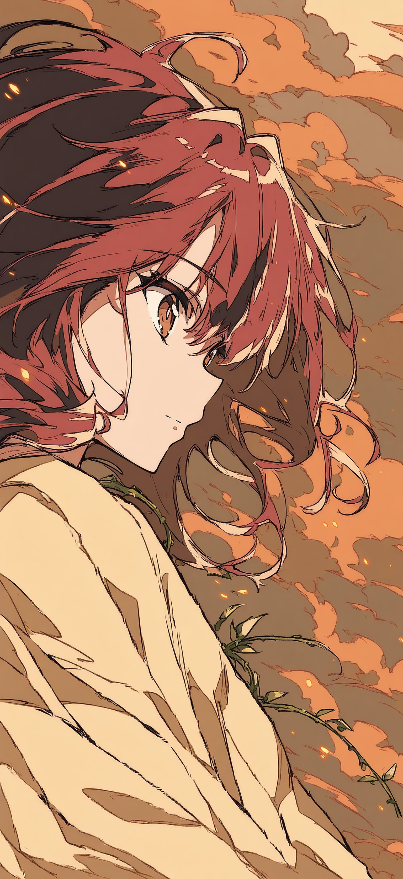 Anime Girl Sunset Clouds Aesthetic Wallpaper, anime girl, sunset, aesthetic, warm colors, orange clouds, red hair