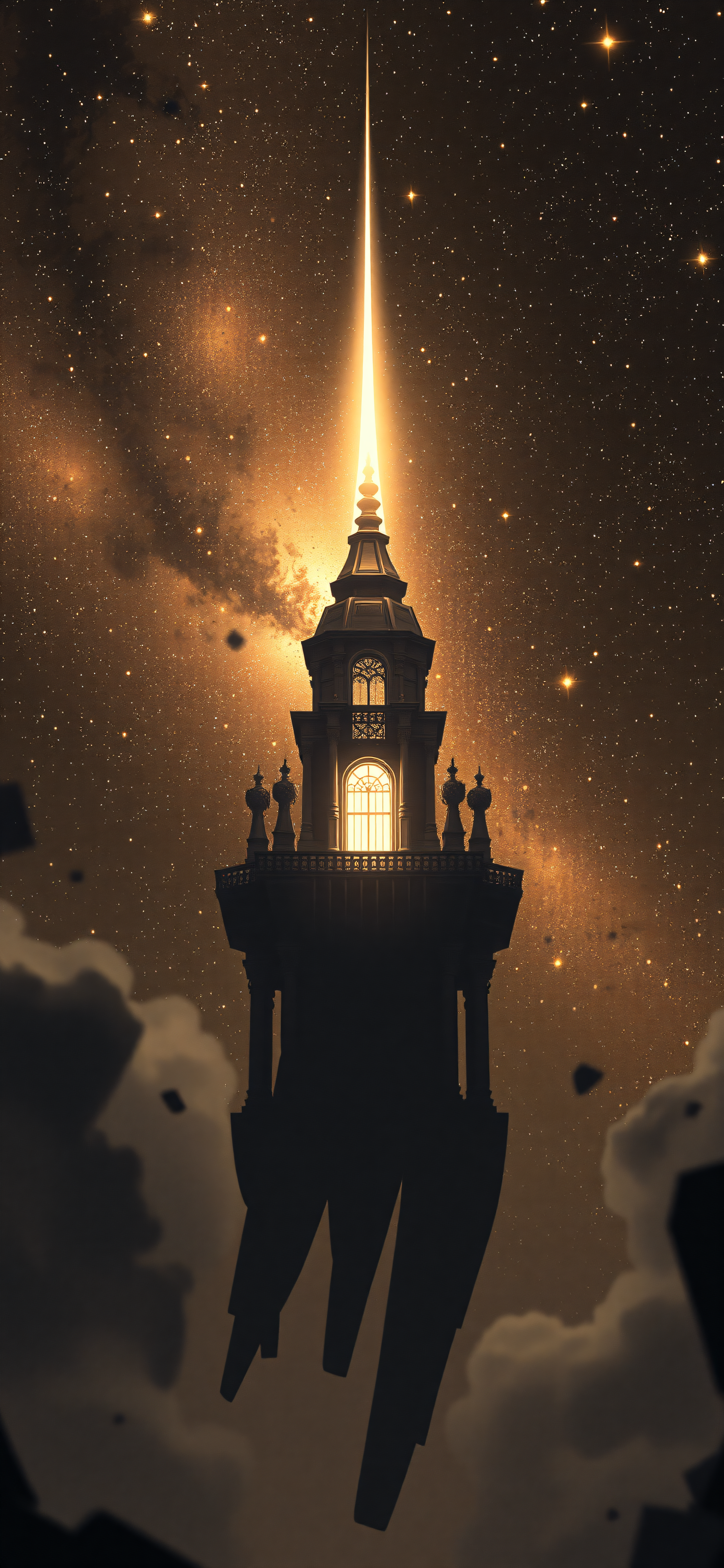 Celestial Lighthouse Tower in Starry Night Sky, fantasy, celestial, tower, stars, galaxy, gothic