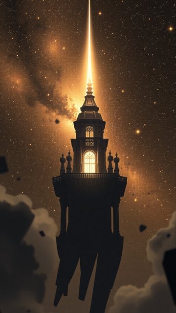 Celestial Lighthouse Tower in Starry Night Sky