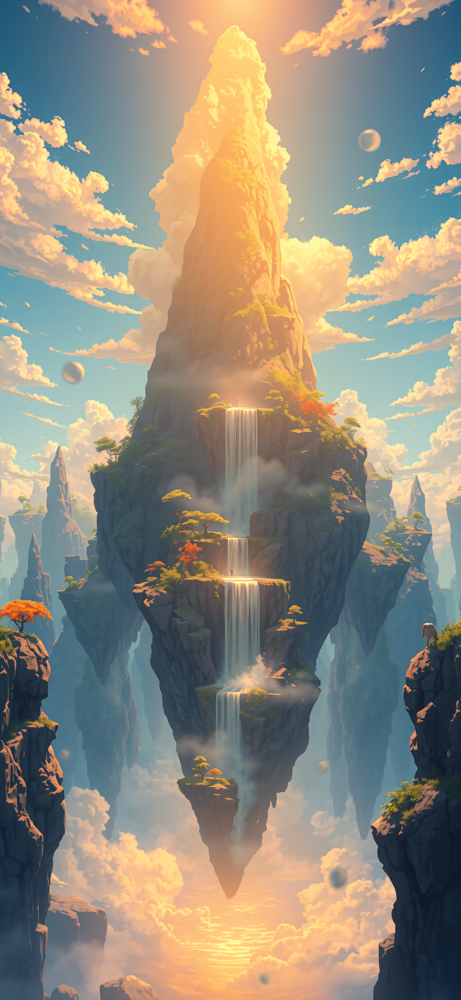 Floating Islands Waterfall Sky Temple, floating islands, fantasy landscape, waterfall, sky island, dreamy, golden hour
