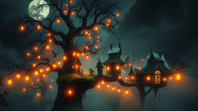 Moonlit Fantasy Treehouse Village at Night