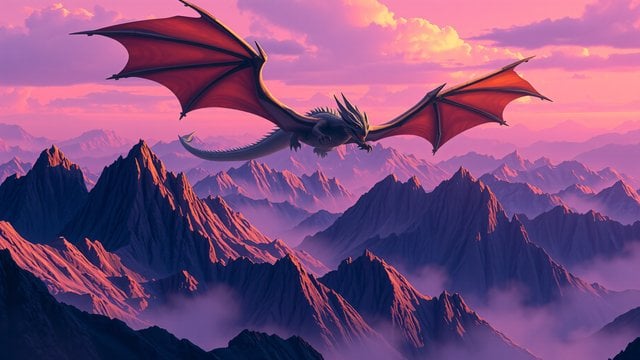 Flying Dragon over Pink Sunset Mountains