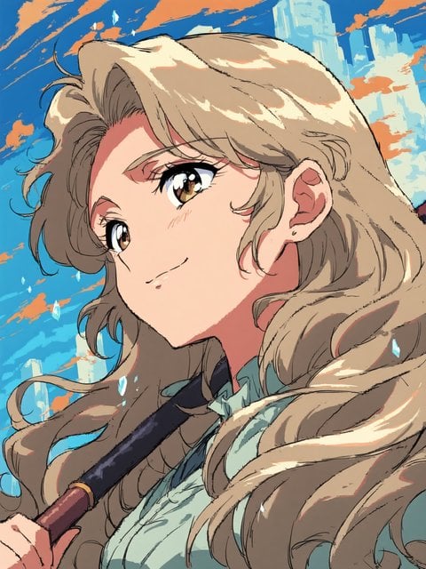 Anime Girl with Wavy Hair and Blue Sky