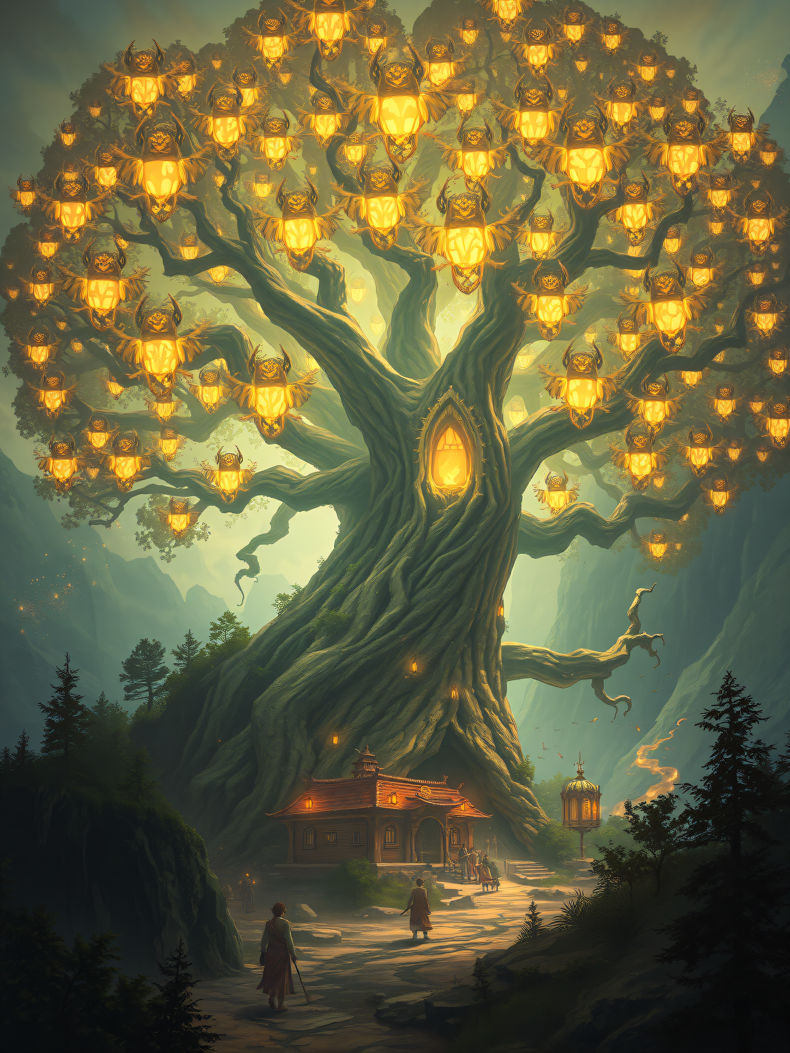 Enchanted Lantern Tree Fantasy Village, fantasy tree, glowing lanterns, enchanted forest, magic village, fantasy landscape, digital painting