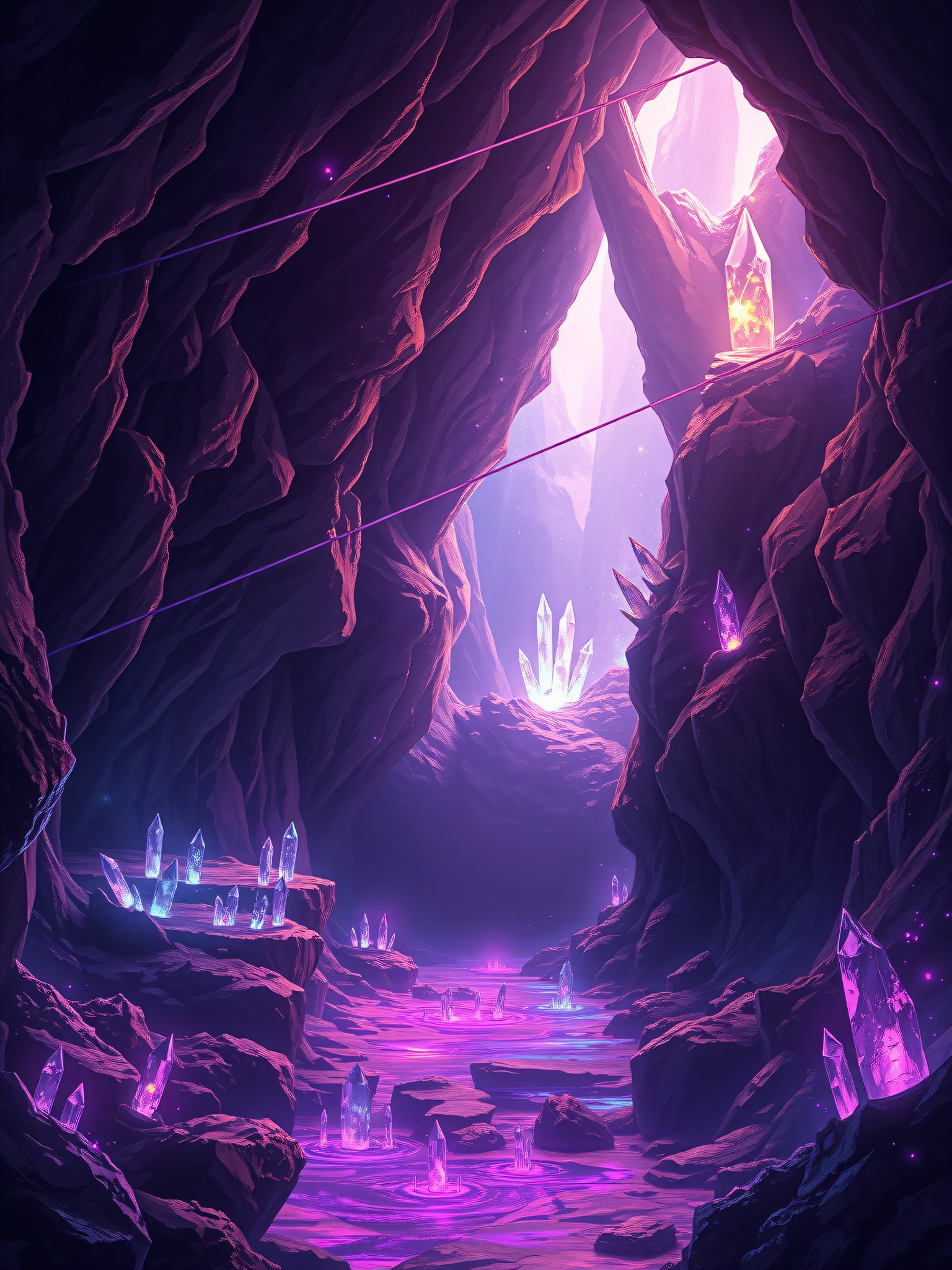 Mystical Crystal Cave River Gorge, crystal cave, fantasy landscape, glowing crystals, purple river, subterranean, magic