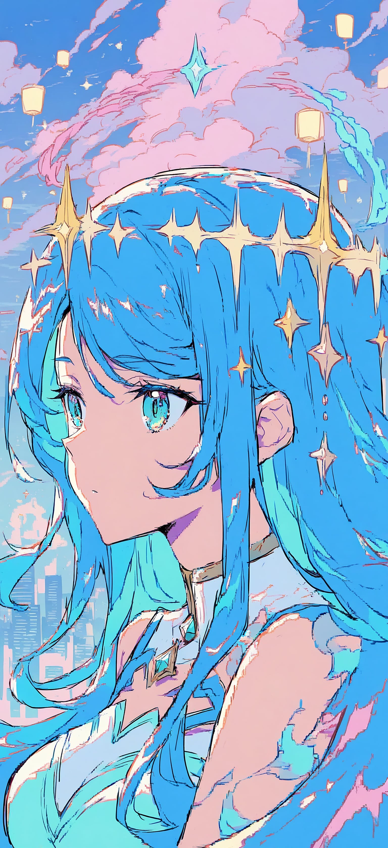 Anime Girl Sky Crown Blue Hair Cityscape Wallpaper, anime girl, blue hair, star crown, pastel sky, cute anime, aesthetic wallpaper