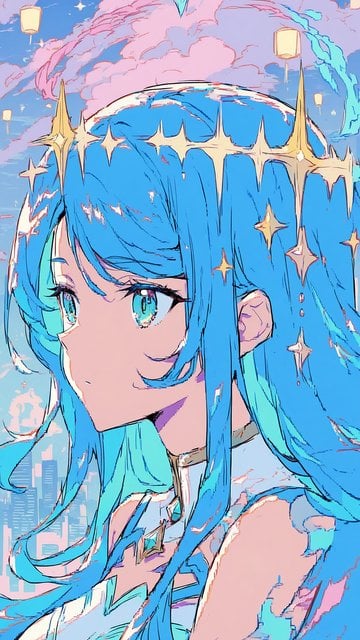 Anime Girl Sky Crown Blue Hair Cityscape Wallpaper