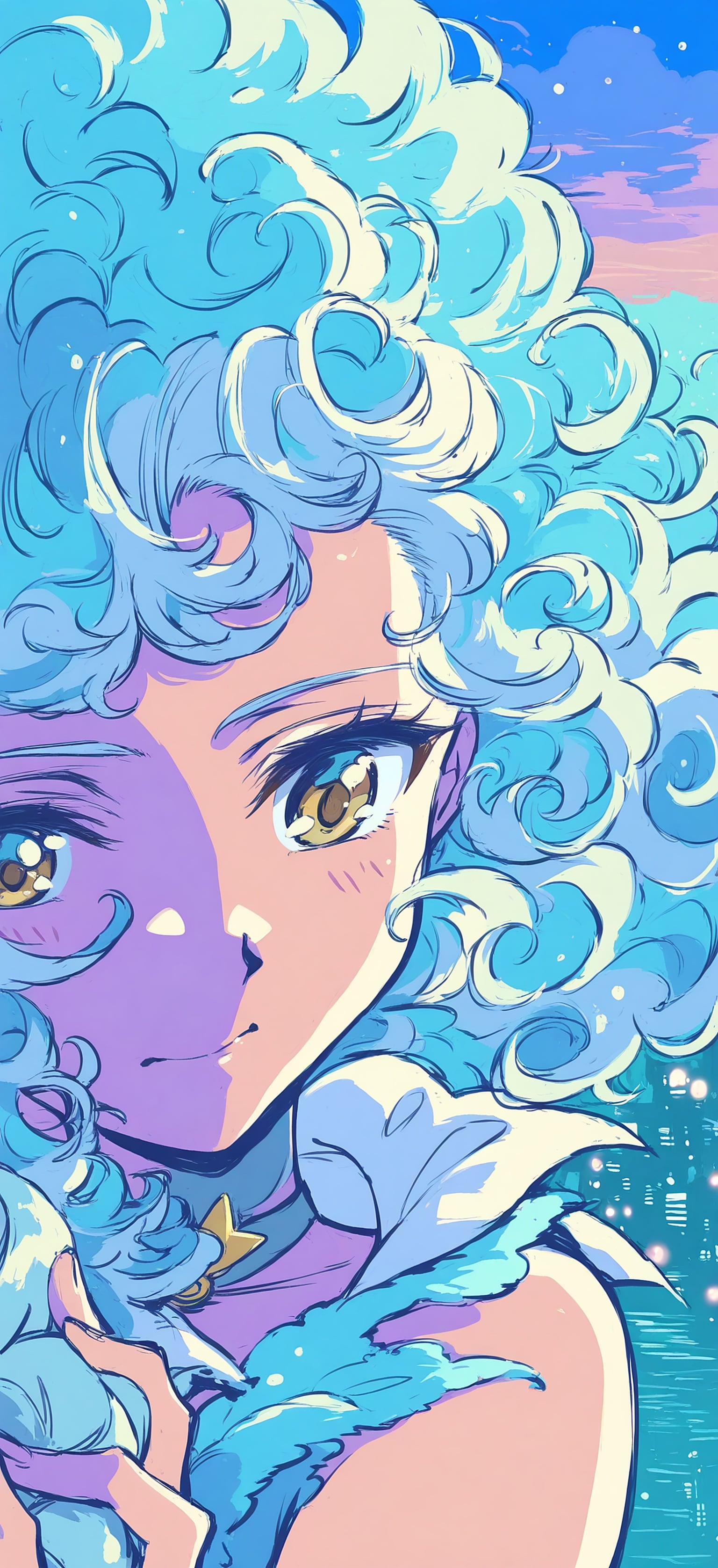 Anime Girl Blue Hair City Night, anime girl, blue hair, curly hair, fantasy art, city night, pastel colors