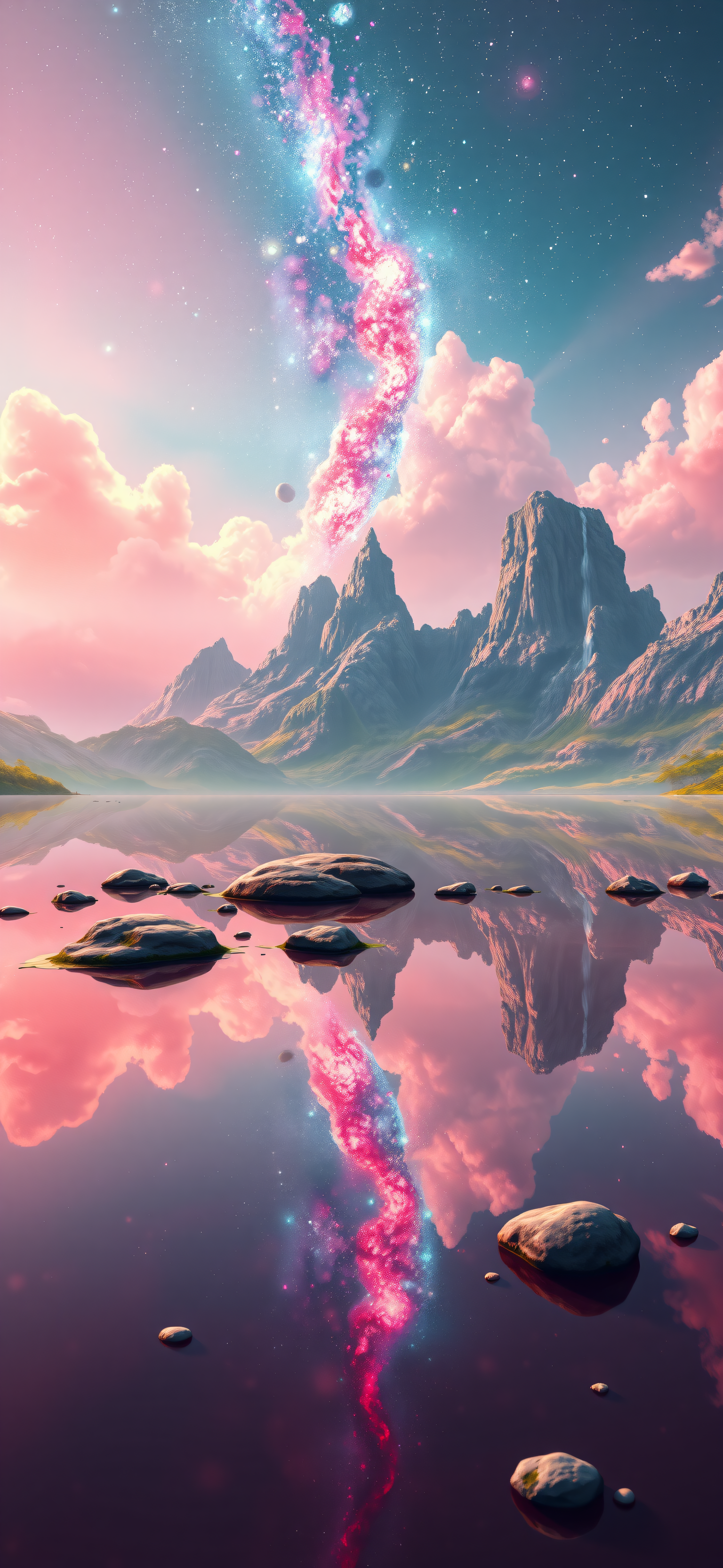 Fantasy Lake with Pink Nebula Sky and Mountains, fantasy lake, pink nebula, dreamy landscape, celestial mountains, pastel sky, sci-fi art