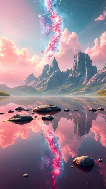 Fantasy Lake with Pink Nebula Sky and Mountains