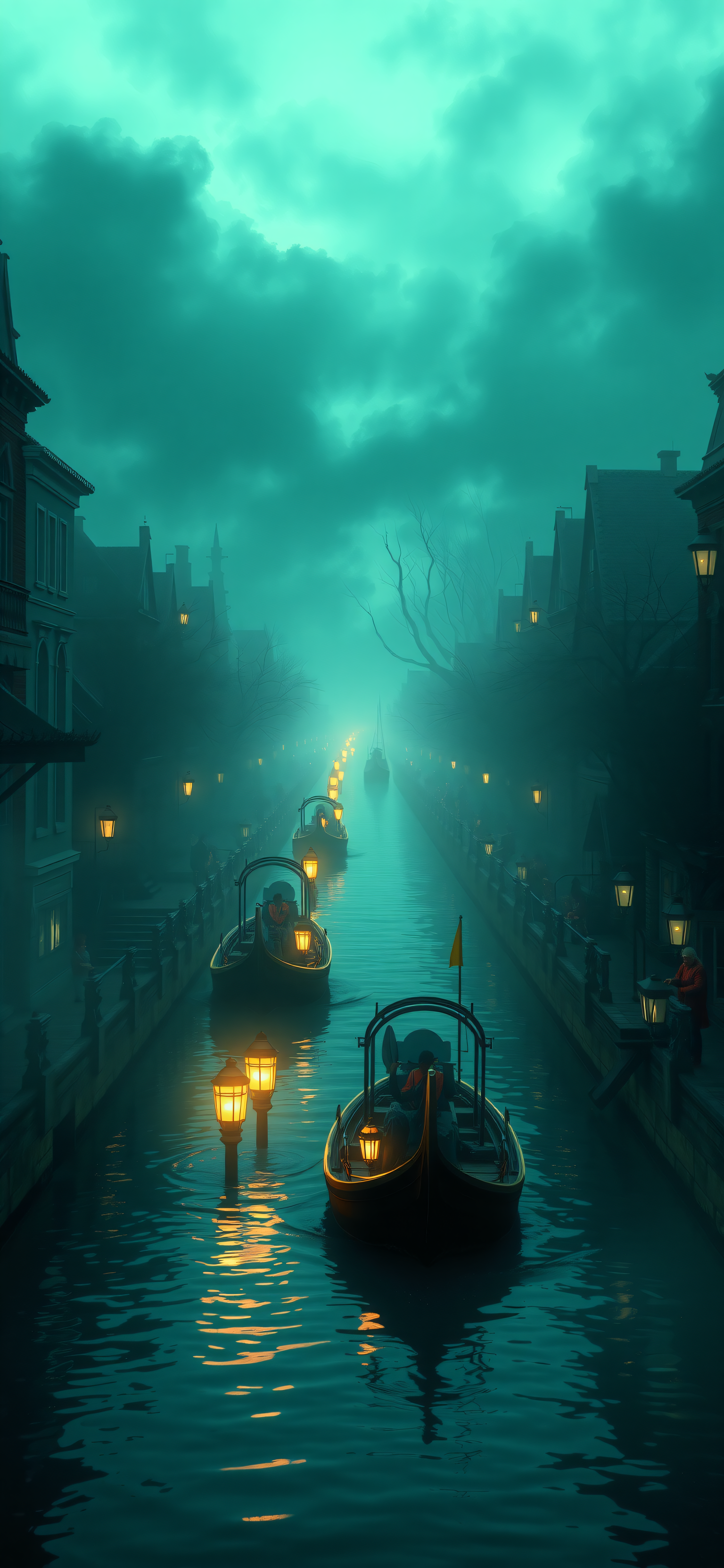 Misty Teal Canal with Luminous Gondolas, canal, gondola, misty, teal, lanterns, mystical