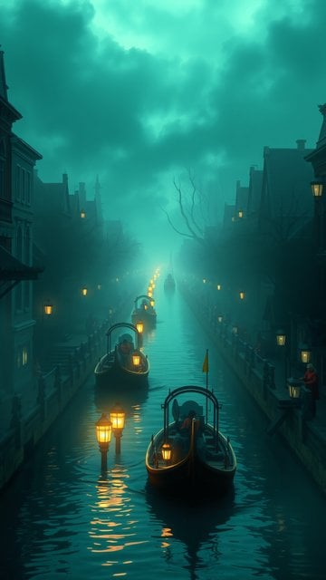 Misty Teal Canal with Luminous Gondolas