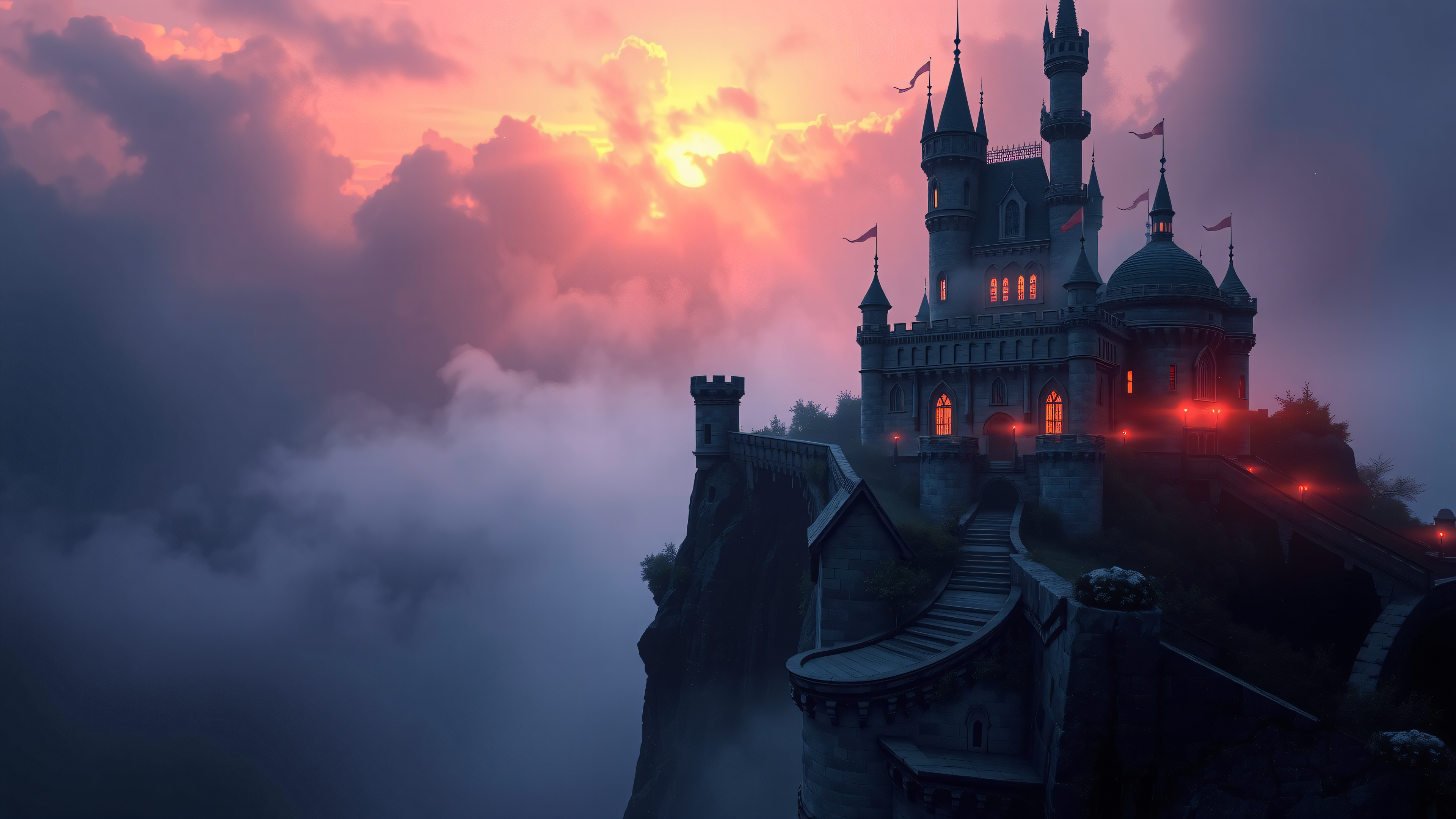 Mystical Castle on Cliff at Sunset, fantasy castle, sunset, misty cliff, gothic, magical, pink sky