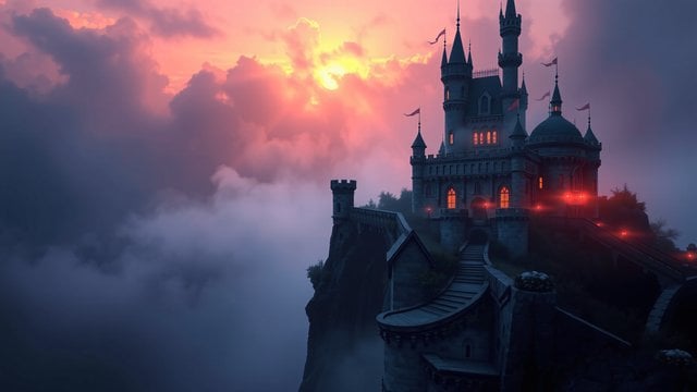 Mystical Castle on Cliff at Sunset