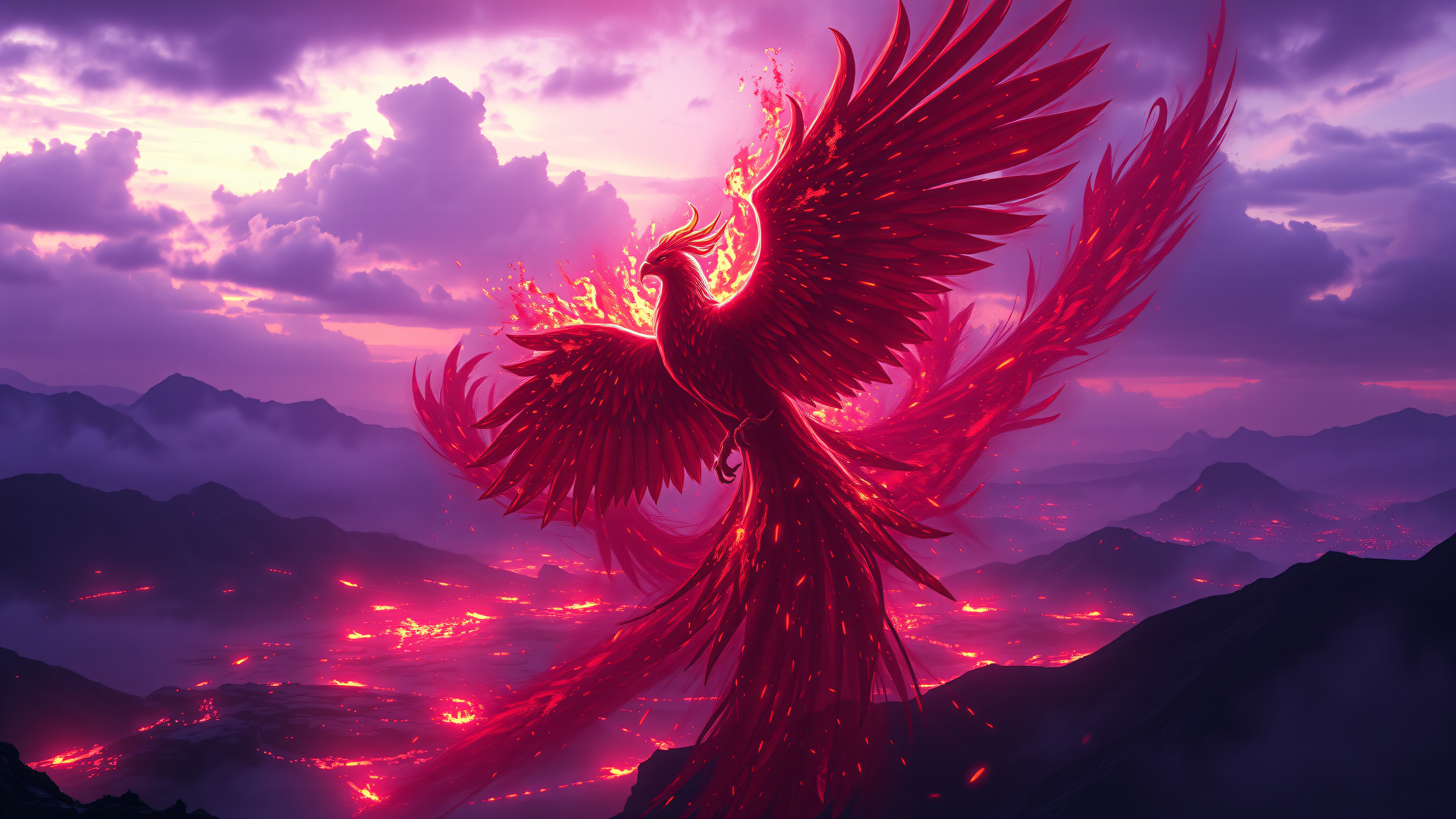Fiery Phoenix Rising Over Volcanic Landscape, phoenix, fire bird, fantasy, volcano, lava, mythical creature