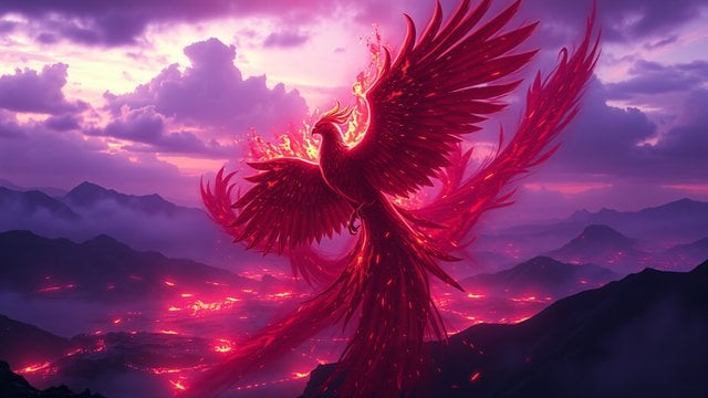 Fiery Phoenix Rising Over Volcanic Landscape