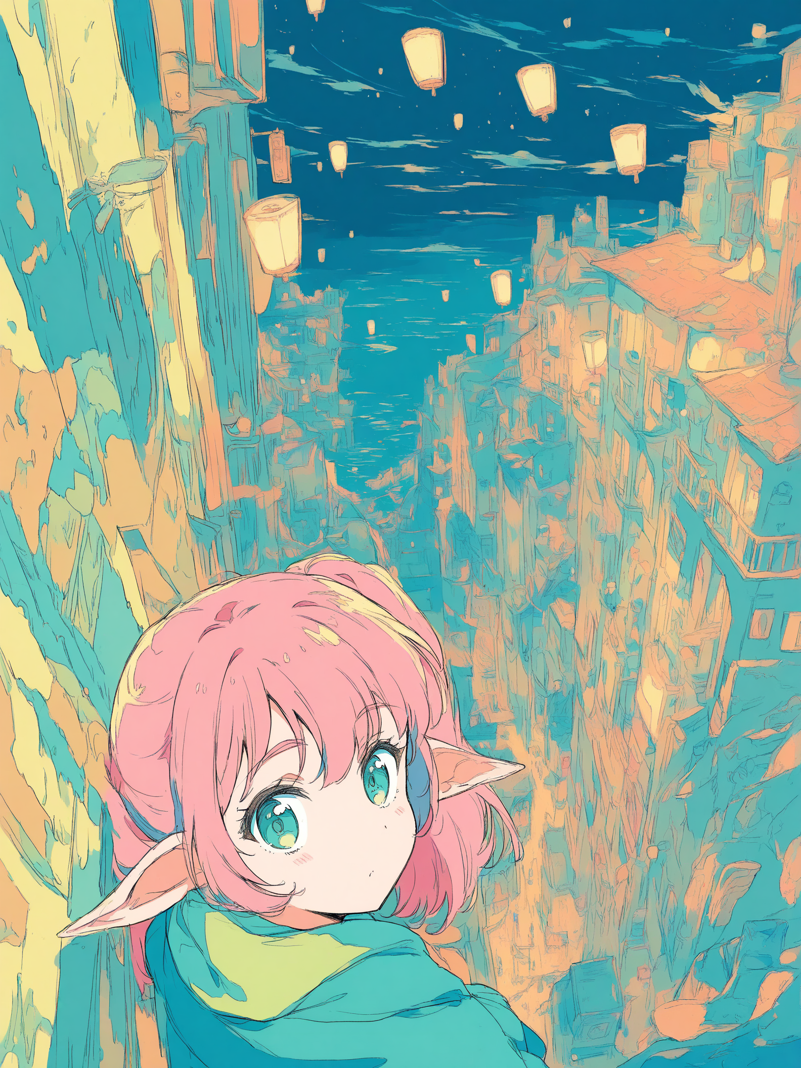 Anime Elf Girl in City Sky Lantern Festival, anime girl, elf ears, pink hair, sky lanterns, fantasy city, turquoise eyes