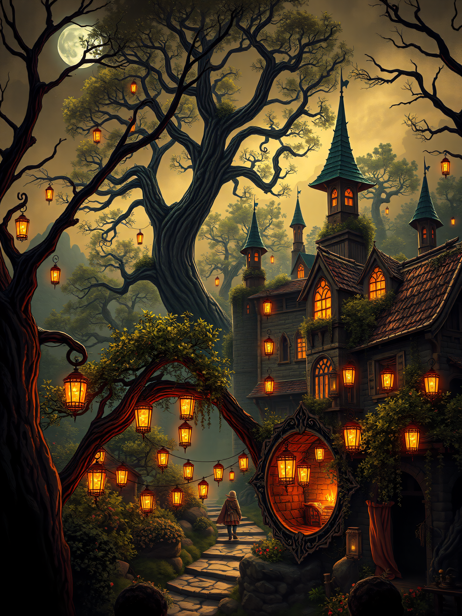 Enchanted Forest Castle at Moonlight with Lanterns, fantasy castle, enchanted forest, moonlight, glowing lanterns, mystical, storybook