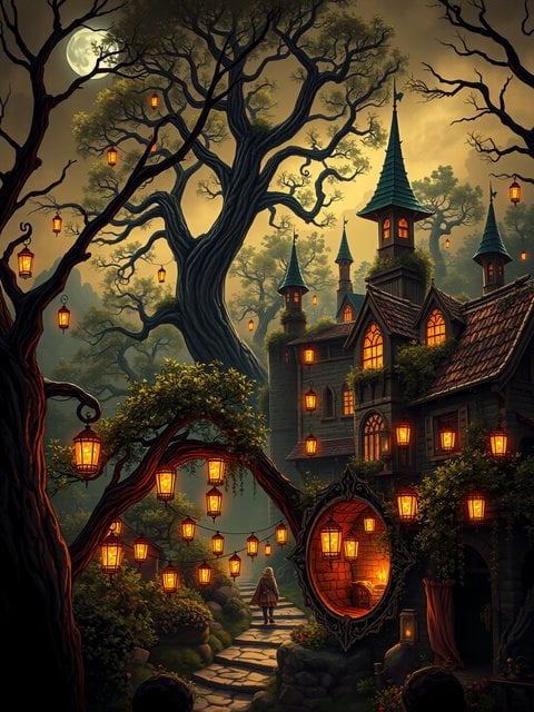 Enchanted Forest Castle at Moonlight with Lanterns