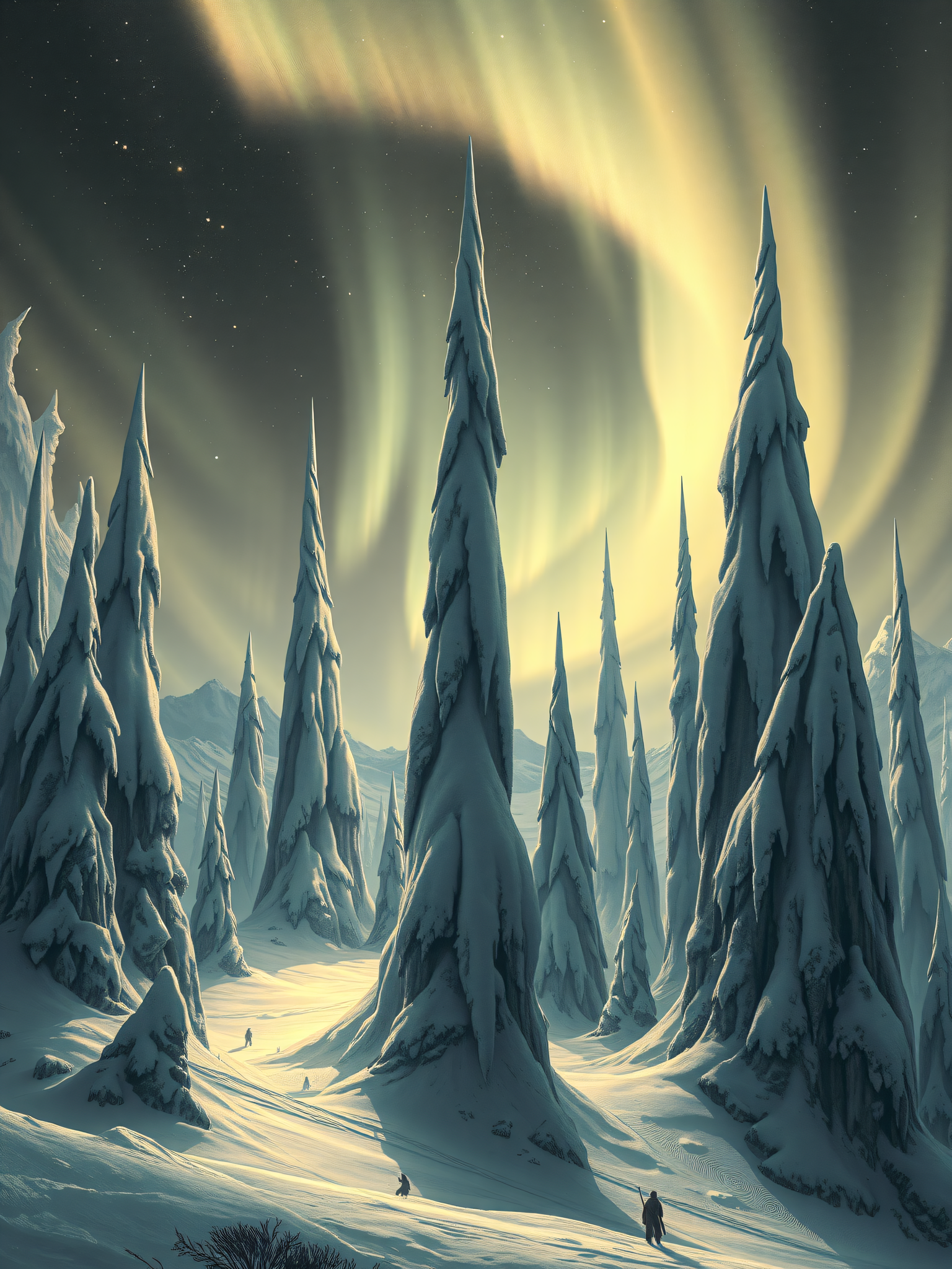 Fantasy Winter Landscape with Aurora Borealis, winter fantasy, aurora borealis, snow landscape, fantasy trees, magical forest, northern lights
