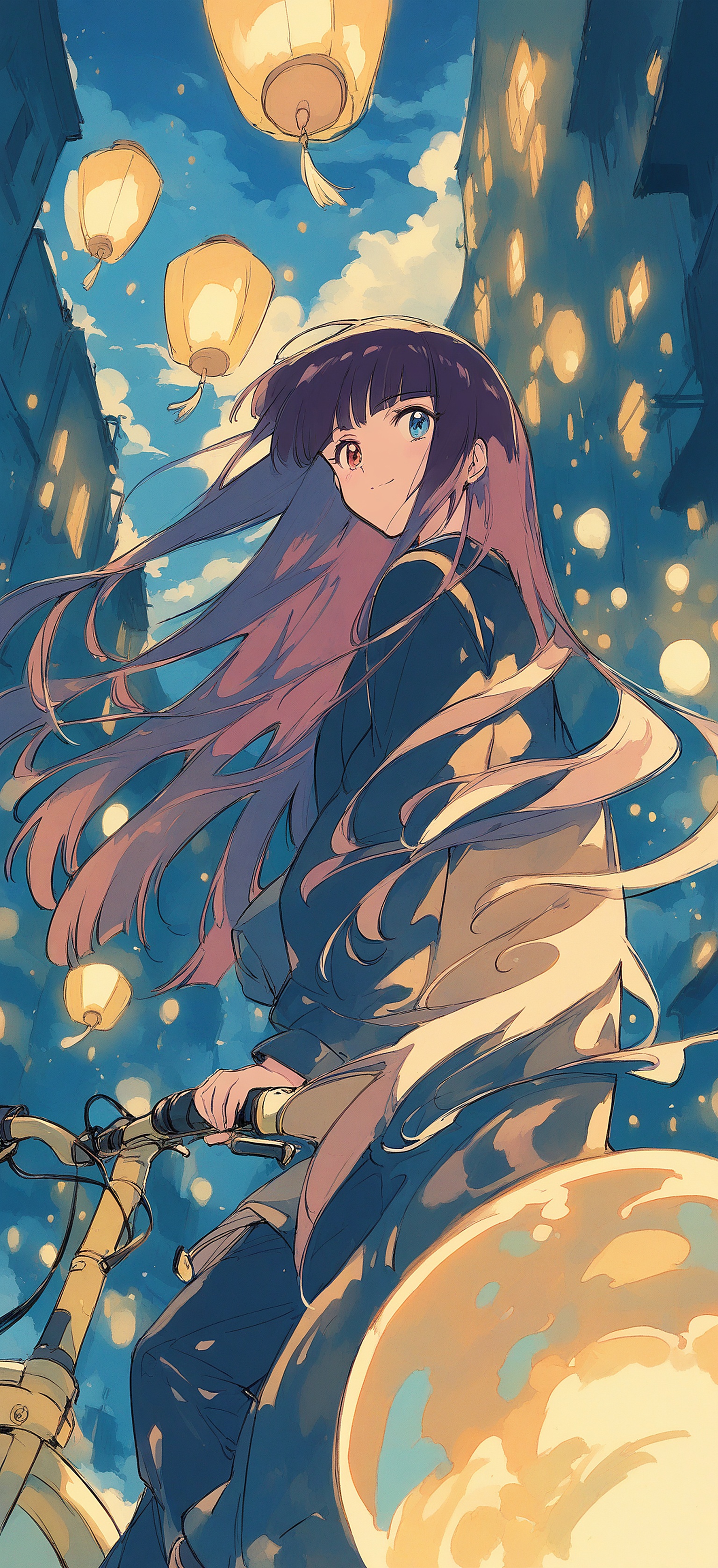 Anime Girl on Bicycle, Lantern Festival Night, anime girl, bicycle, lanterns, night scene, urban fantasy, glowing
