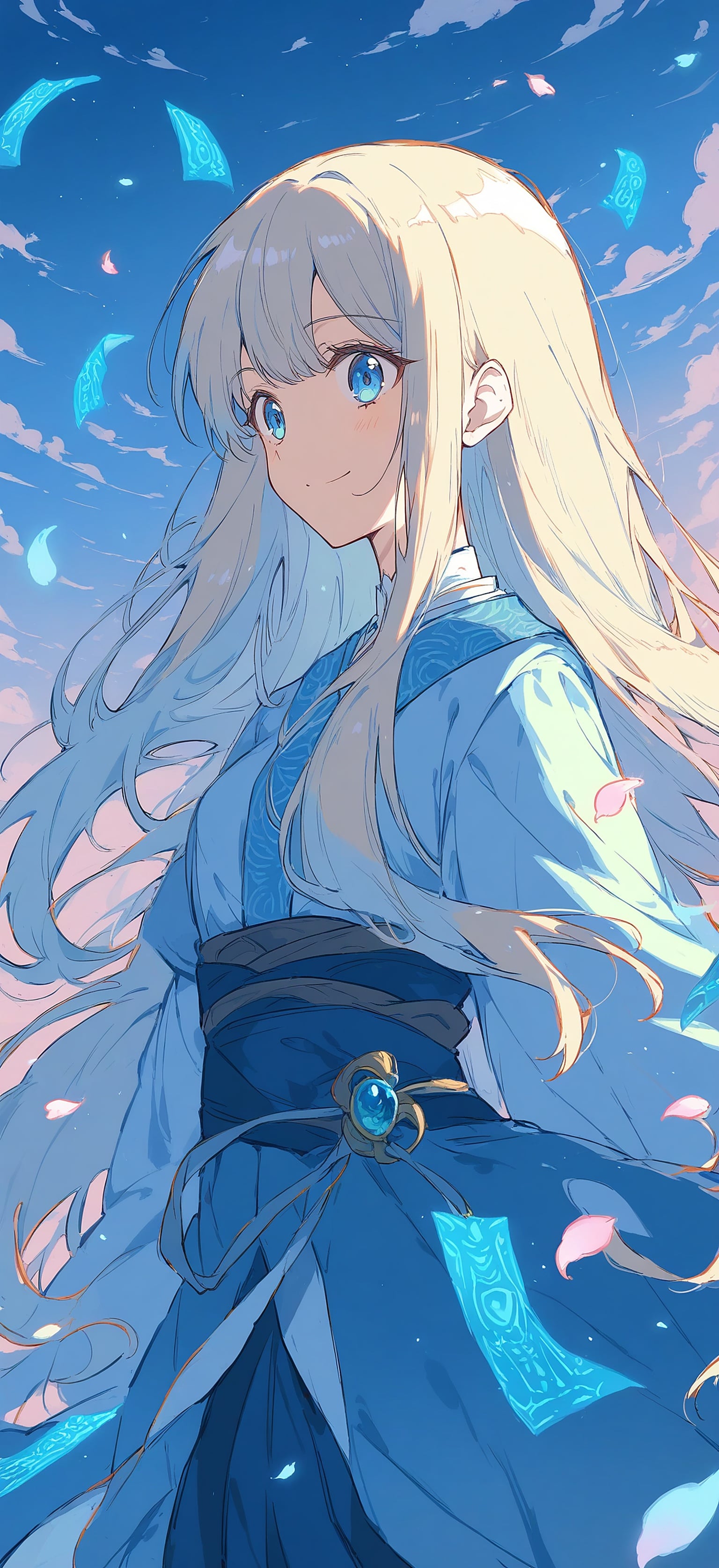 Anime Girl Blue Kimono Sky Dream, anime girl, blue kimono, blonde hair, fantasy art, dreamy aesthetic, sunset sky