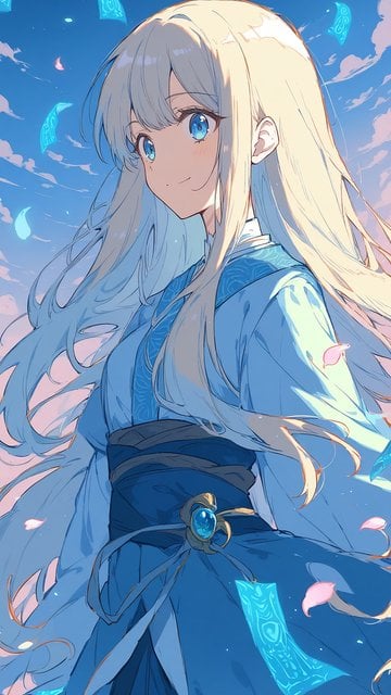 Anime Girl Blue Kimono Sky Dream