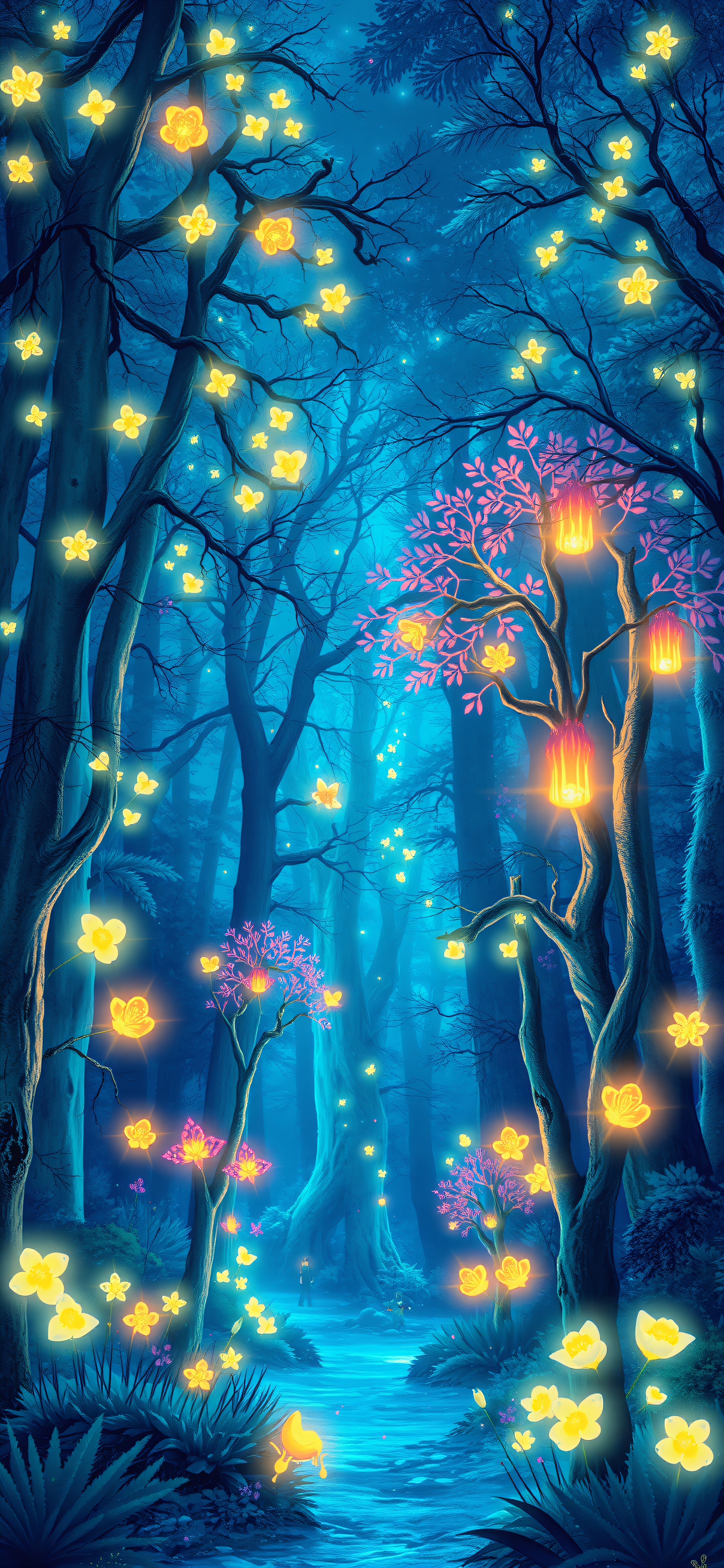Enchanted Forest with Glowing Flowers Wallpaper, enchanted forest, glowing flowers, fantasy art, magical nature, blue aesthetic, pink leaves