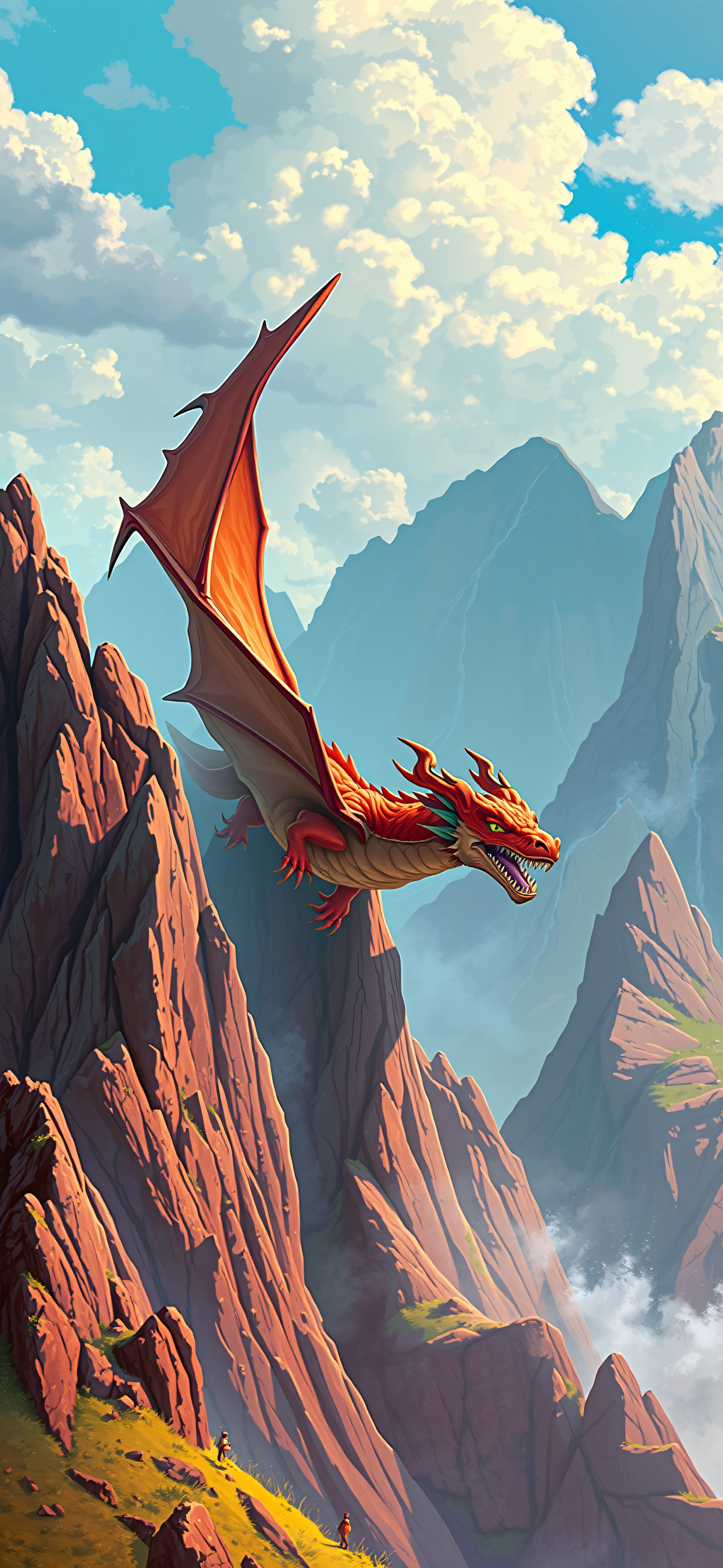 Red Dragon Flying Over Canyon Mountains, red dragon, fantasy, mountains, canyon, flying creature, digital art