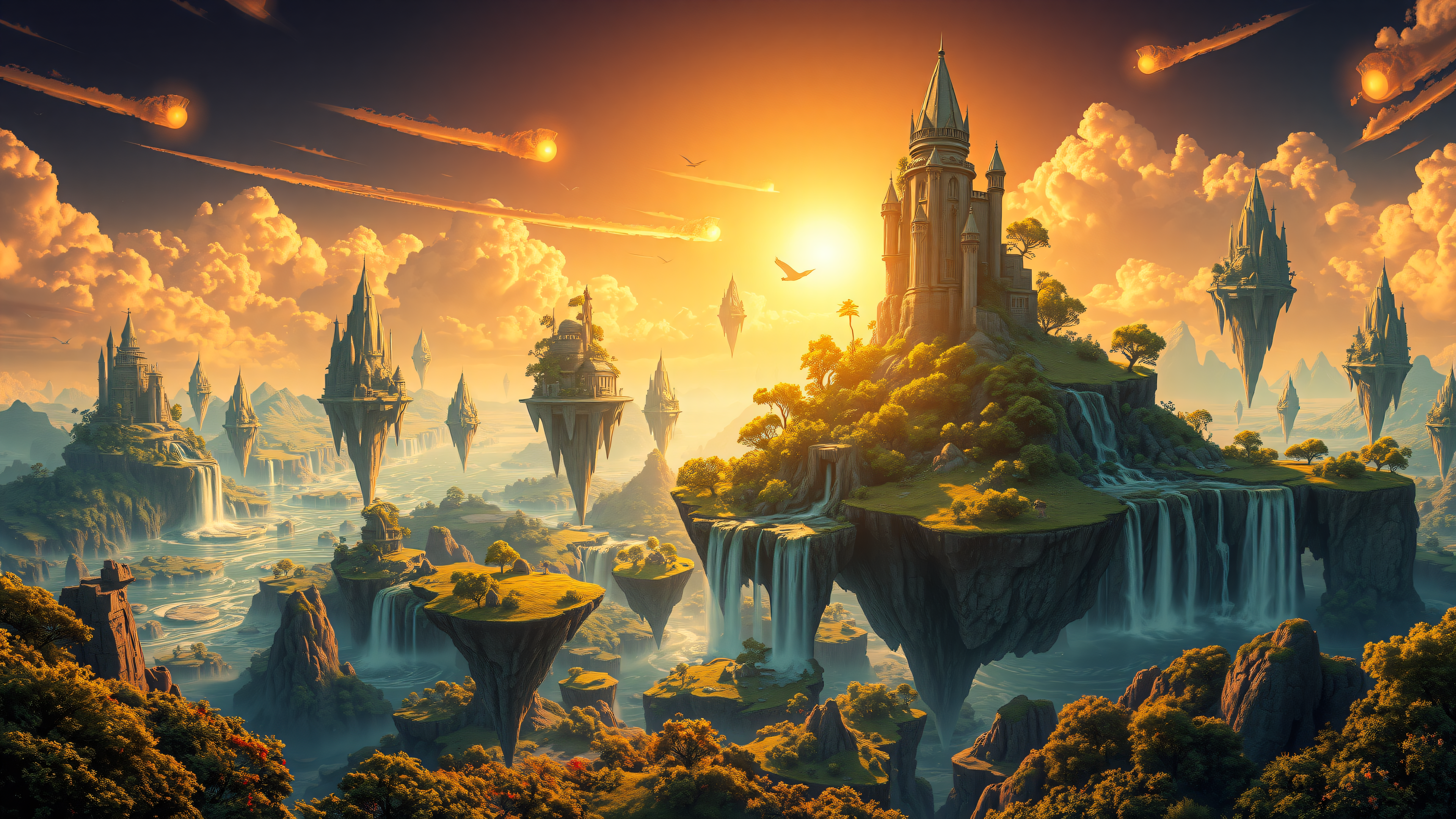 Fantasy Floating Islands Castle Sunset Wallpaper, fantasy, floating islands, castle, waterfall, sunset, golden hour