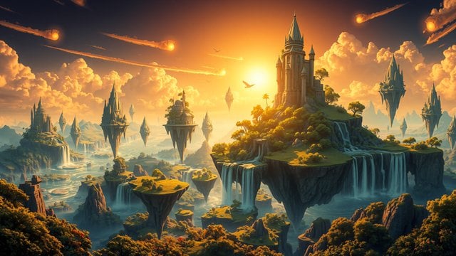 Fantasy Floating Islands Castle Sunset Wallpaper