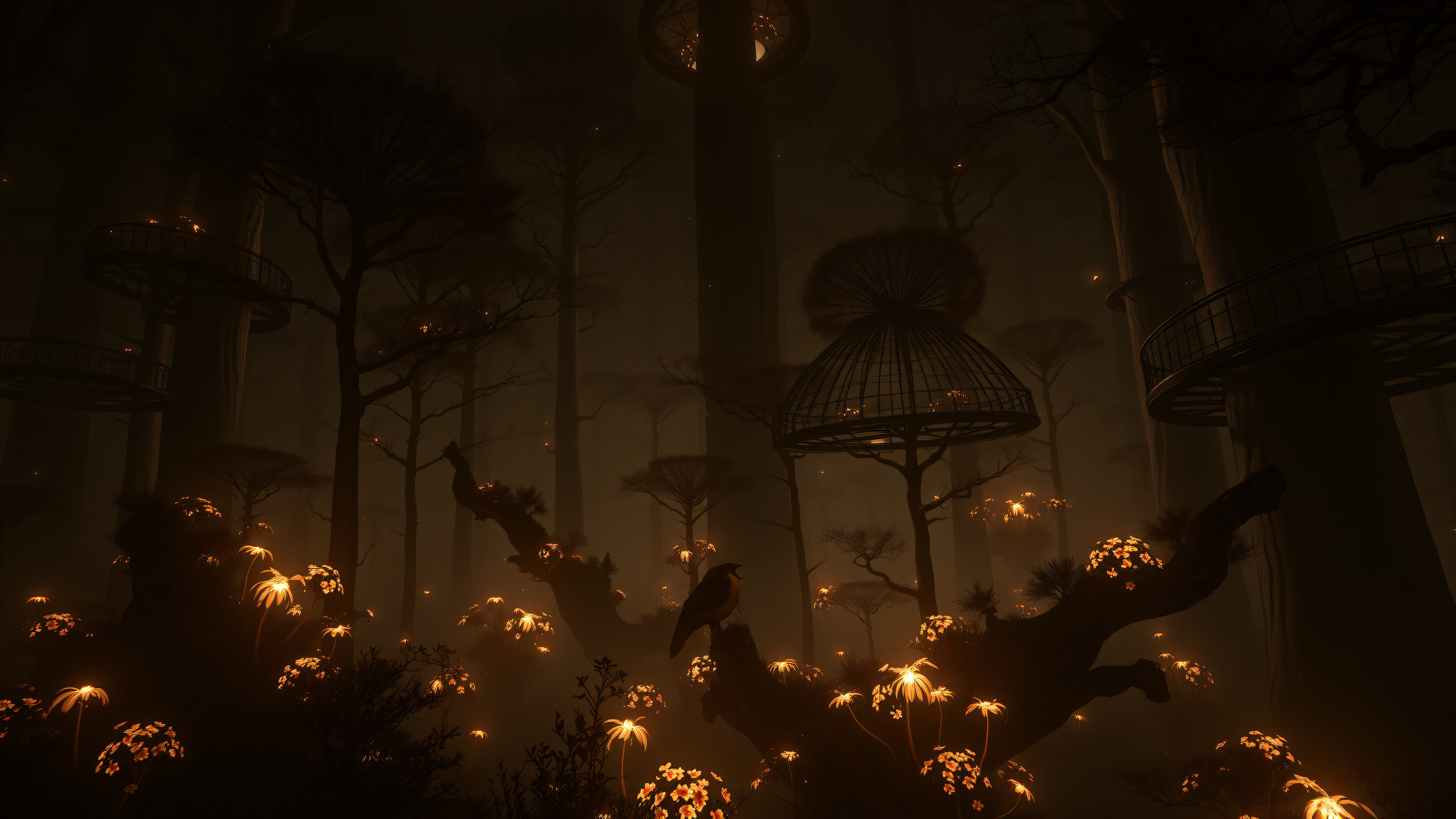 Enchanted Forest at Dusk with Glowing Flora, enchanted forest, glowing plants, dark fantasy, mystical, bioluminescent, night forest