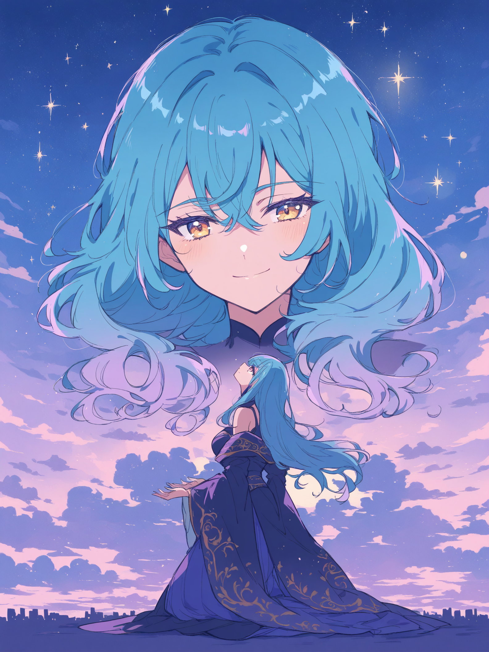 Anime Girl Sky Goddess with Blue Hair, anime girl, blue hair, sky goddess, fantasy, twilight sky, stars