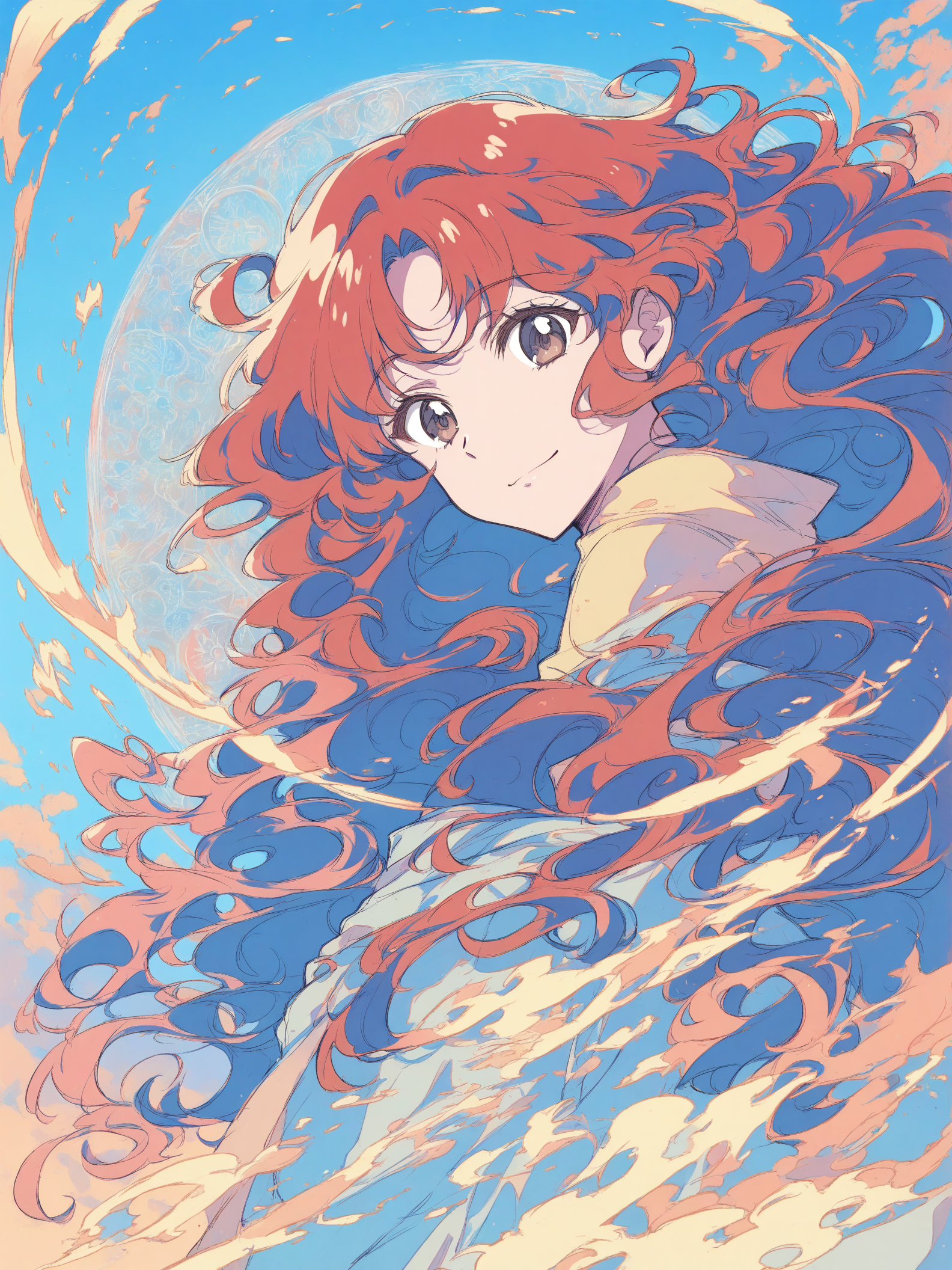 Anime Girl with Flowing Hair and Sky Background, anime girl, flowing hair, blue sky, red hair, kawaii, fantasy art