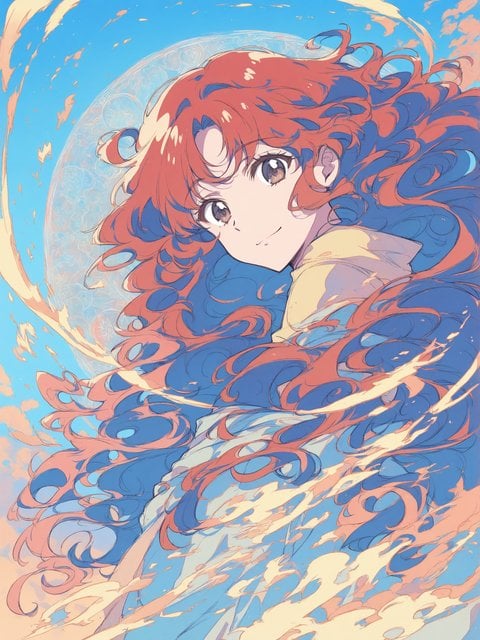Anime Girl with Flowing Hair and Sky Background
