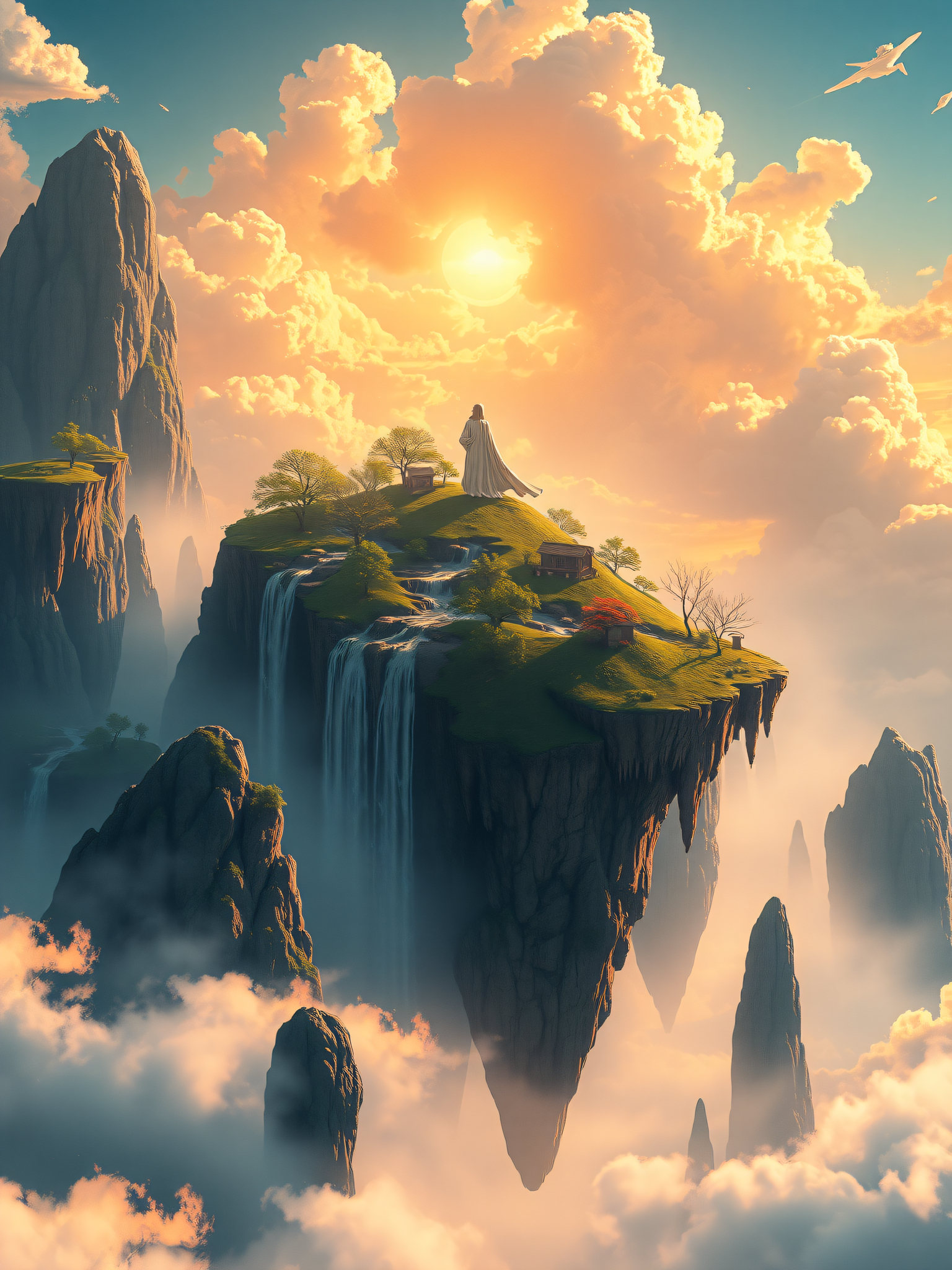 Heavenly Floating Islands Sunset Fantasy Wallpaper, floating islands, fantasy landscape, sunset, waterfalls, ethereal, magical