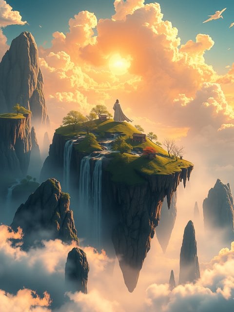 Heavenly Floating Islands Sunset Fantasy Wallpaper