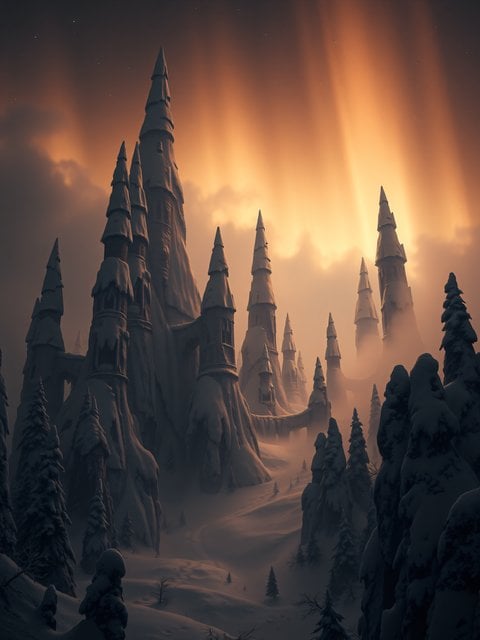 Fantasy Winter Castle Landscape Sunset Wallpaper
