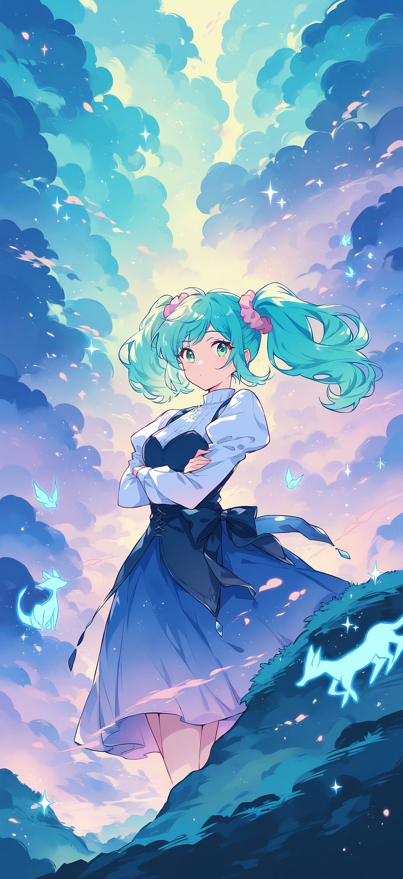 Anime Girl Fantasy Sky Wallpaper with Magical Animals, anime girl, fantasy, magical, sky, clouds, stars