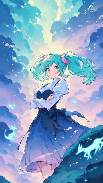 Anime Girl Fantasy Sky Wallpaper with Magical Animals