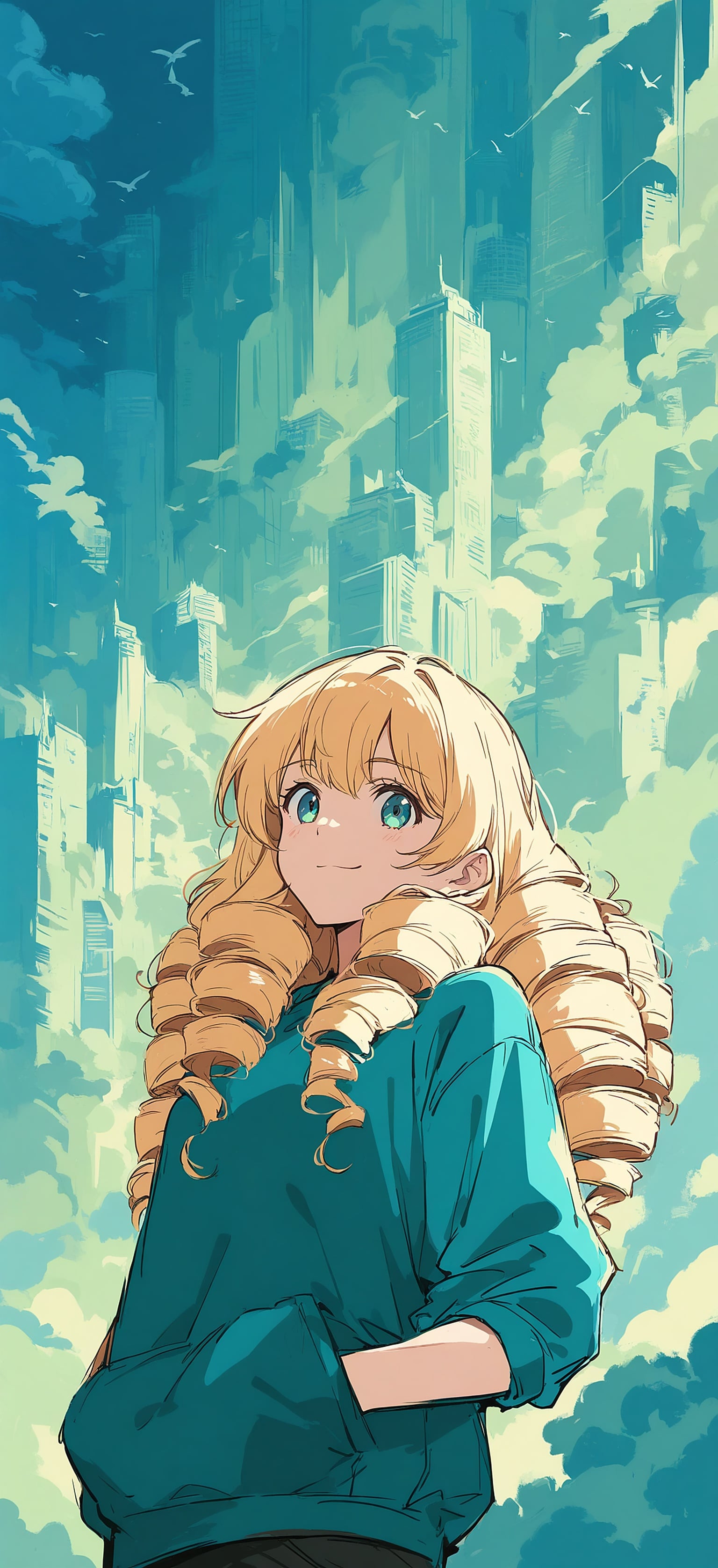 Anime Girl in Teal Hoodie, City Sky Background, anime girl, blonde hair, teal hoodie, cityscape, clouds, blue green