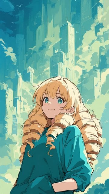 Anime Girl in Teal Hoodie, City Sky Background