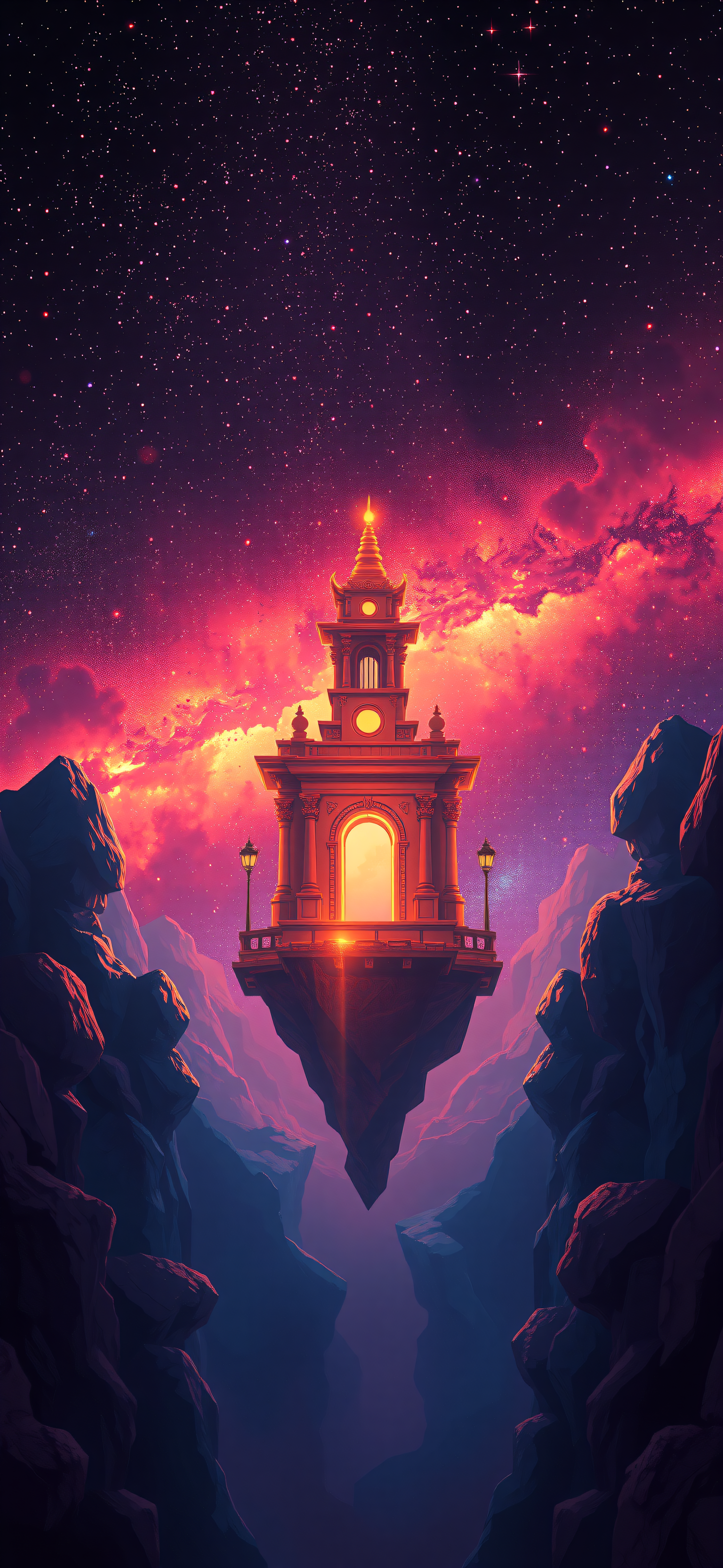Floating Temple in Cosmic Canyon at Sunset, floating temple, fantasy landscape, cosmic sky, glowing archway, sunset clouds, pink purple orange