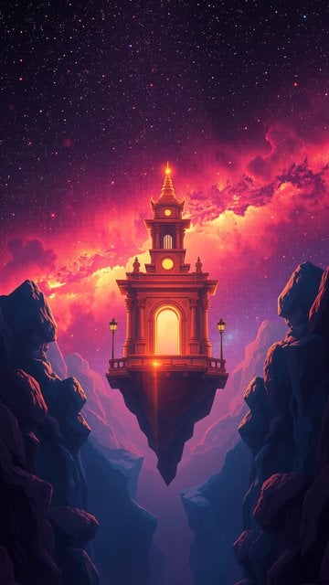 Floating Temple in Cosmic Canyon at Sunset