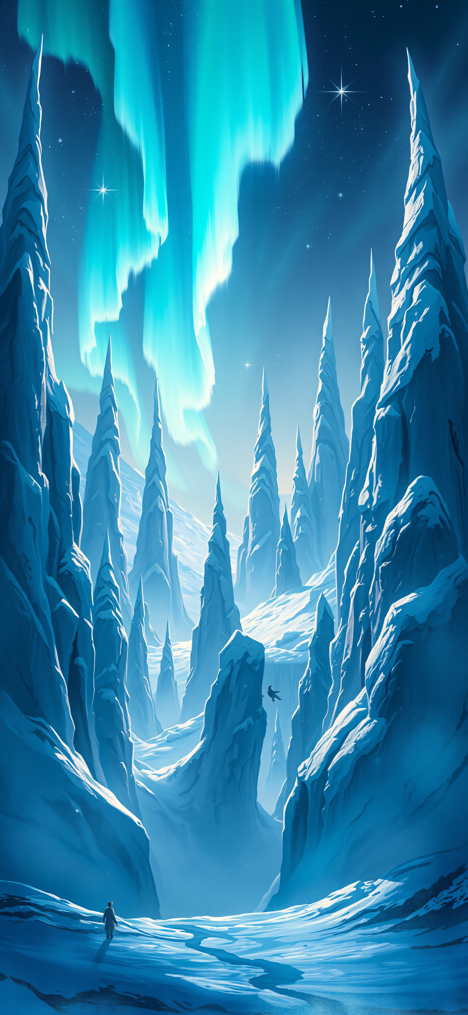 Icy Peaks & Northern Lights Winter Landscape, arctic landscape, northern lights, aurora borealis, ice peaks, winter wonderland, fantasy art