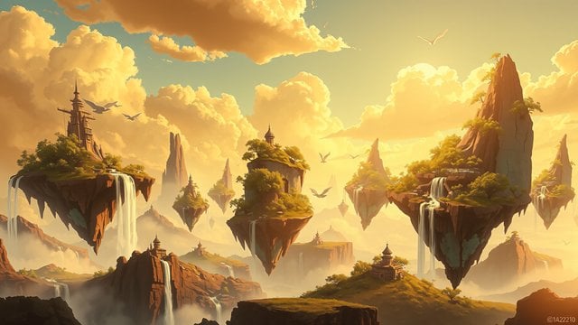 Golden Hour Fantasy Floating Islands with Waterfalls