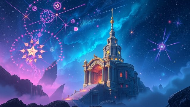 Cosmic Temple Fantasy with Neon Stars & Nebula