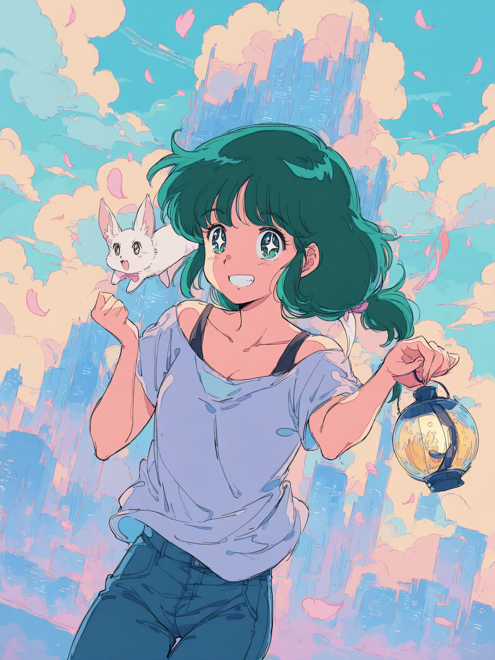 Anime Girl and Cat with Lantern, City Background, anime girl, cute cat, lantern, cityscape, pastel colors, 90s anime