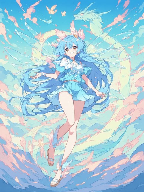 Anime Fairy Girl with Dragon and Pastel Clouds