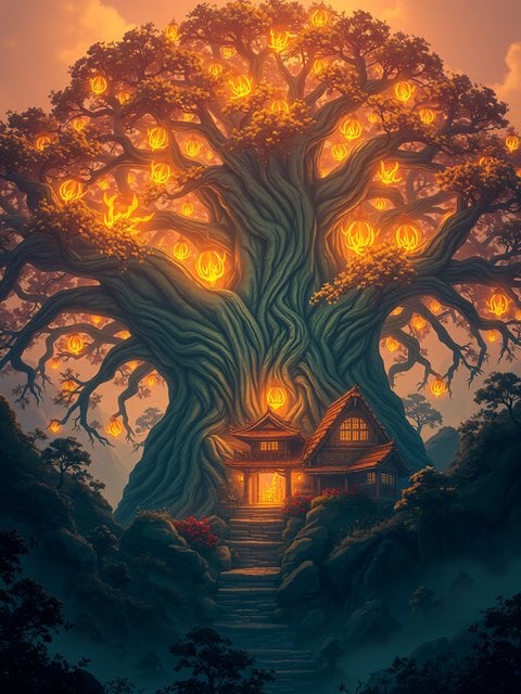 Fantasy Tree House with Glowing Lanterns at Sunset
